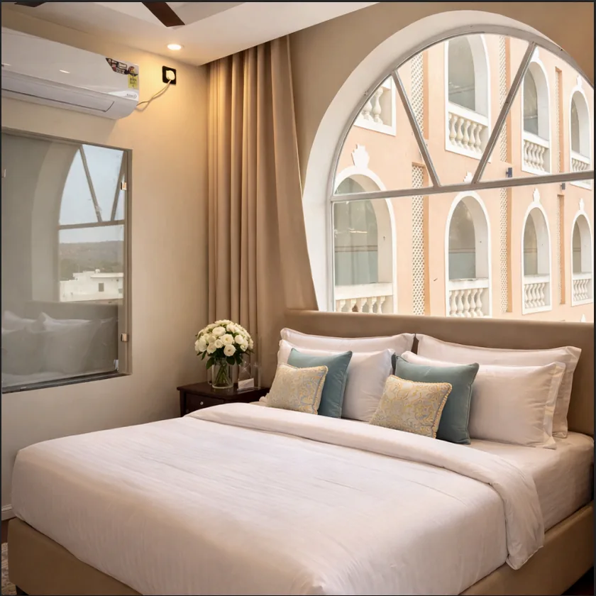 Imperial Family Suite bed beside a tall arched window