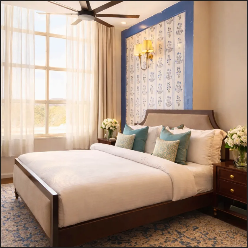 Signature Suite bedroom with block-print feature wall